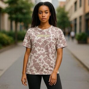 Gymshark Beige Camo Short Sleeve Tee with Yellow Logo